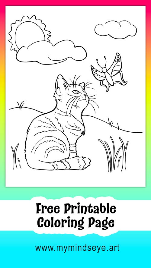 Kitten and Butterfly Coloring Page C0001