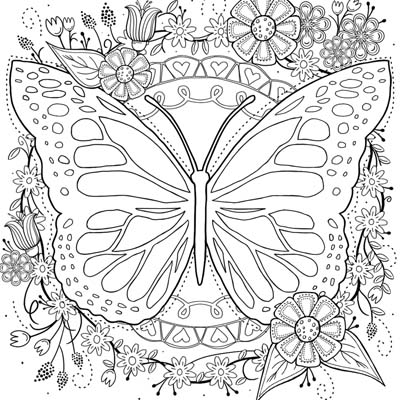 Butterfly and Flowers Coloring Page
