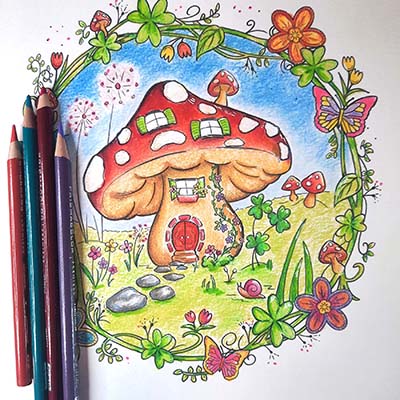 Mushroom House coloring page.  Colored in.  By My Minds Eye art.