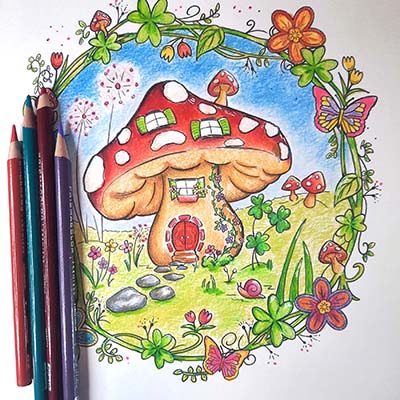 Mushroom House coloring page. Colored in. By My Minds Eye art.