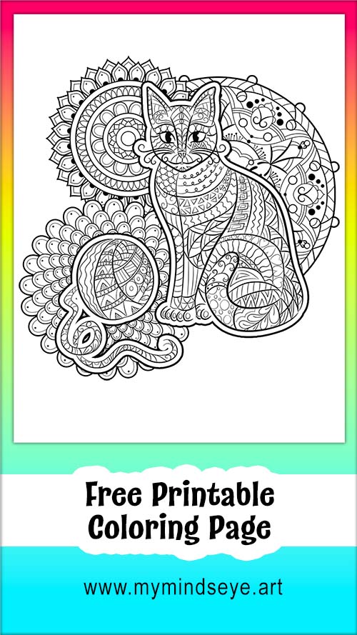 Cat doodles and mandalas coloring page