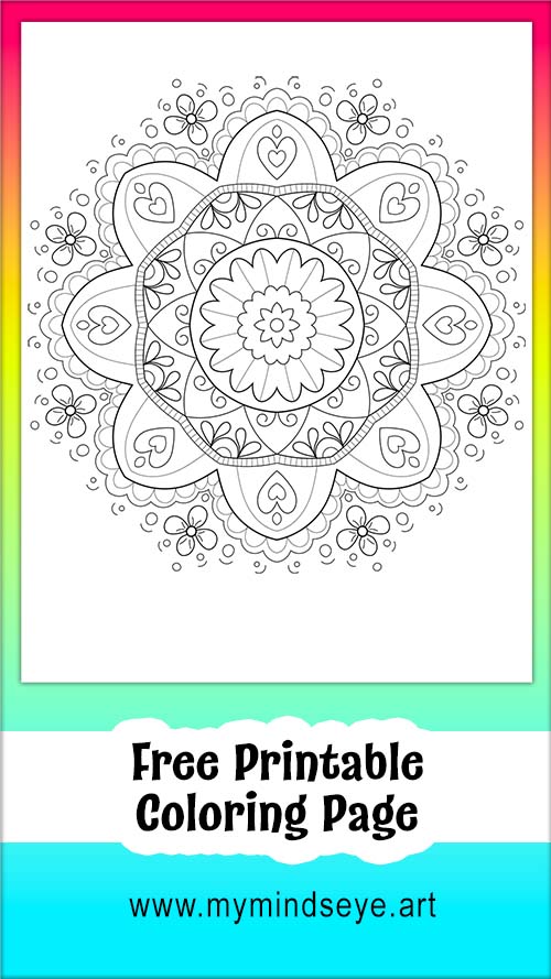 Flower and Heart Mandala coloring page by My Mind's Eye Art