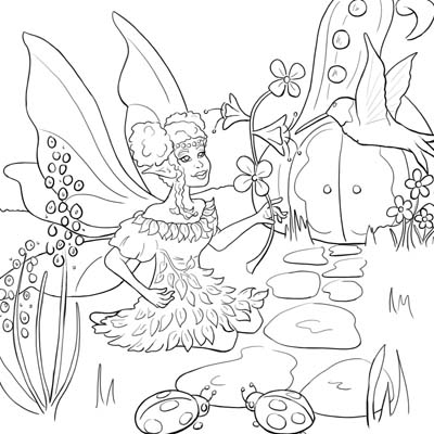 Fairy and Hummingbird Coloring Page