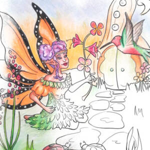 Hummingbird and fairy coloring page