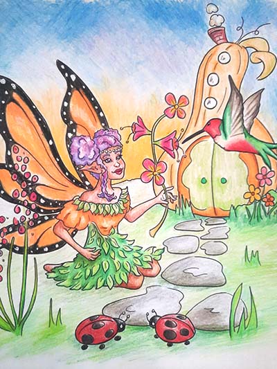 Completed Fairy and Hummingbird Coloring page