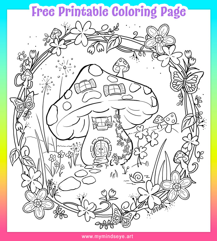 Fairy Mushroom House coloring page by My Mind's Eye Art.