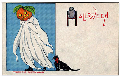 Vintage Halloween Pumpkin Head Ghost Card