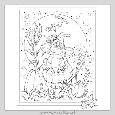 Frog witch on a mushroom. Halloween coloring page.