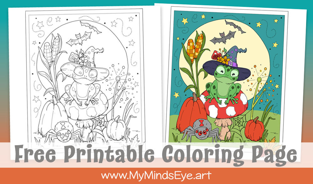 Halloween Frog on a Mushroom. Free printable coloring page.