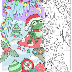 Christmas frog on a mushroom coloring page
