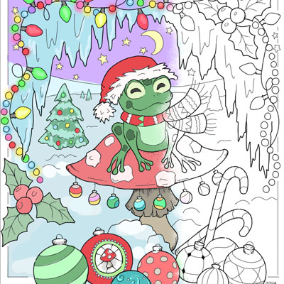 Christmas frog on a mushroom coloring page