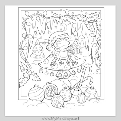 Frog on a mushroom happy holidays Christmas coloring page. Free printable coloring page for adults and kids.