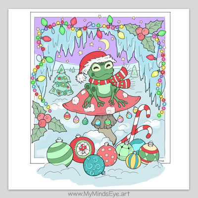 Frog on a mushroom happy holidays Christmas coloring page. Free printable coloring page for adults and kids.
