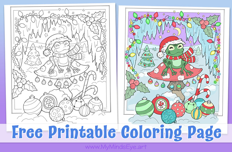 Frog on a mushroom happy holidays Christmas coloring page. Free printable coloring page for adults and kids.