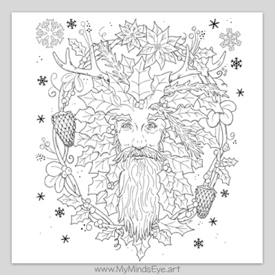 Winter solstice Holly King coloring page. Black and white image of a man with a long beard and antlers. He is surrounded by holly, pine cones, and snow.