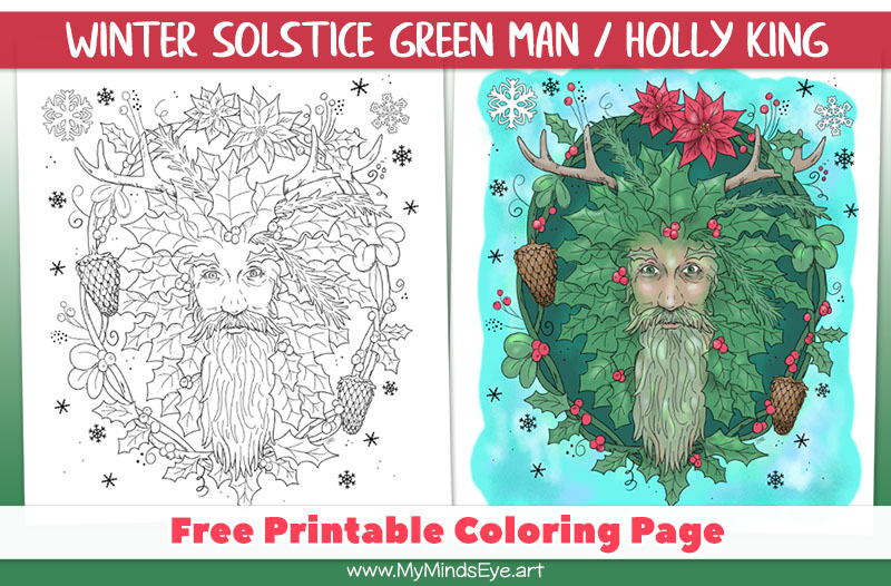 Winter Solstice coloring page with Green Man Holly King folklore. Image of a bearded man with antlers. He is surrounded by holly, vines, pine cones, and snow.