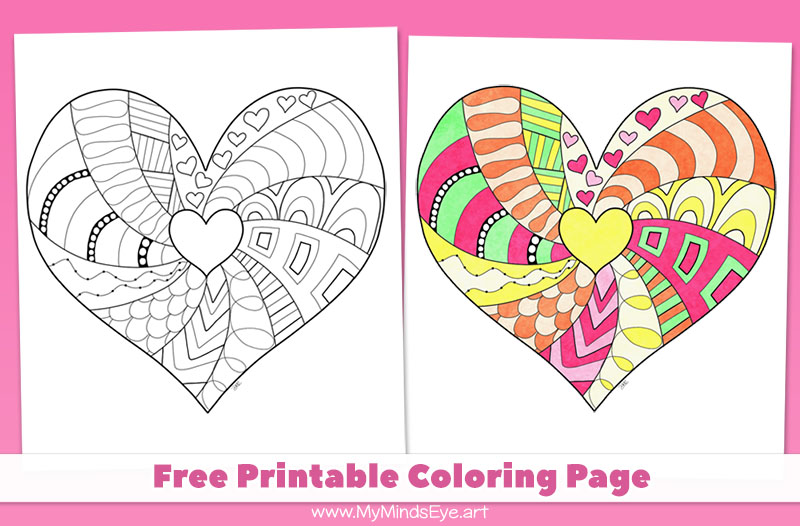 Doodle art heart. Free printable coloring page.