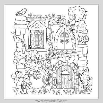 Image of an uncolored coloring page with 4 fairy doors. Free to download and print.