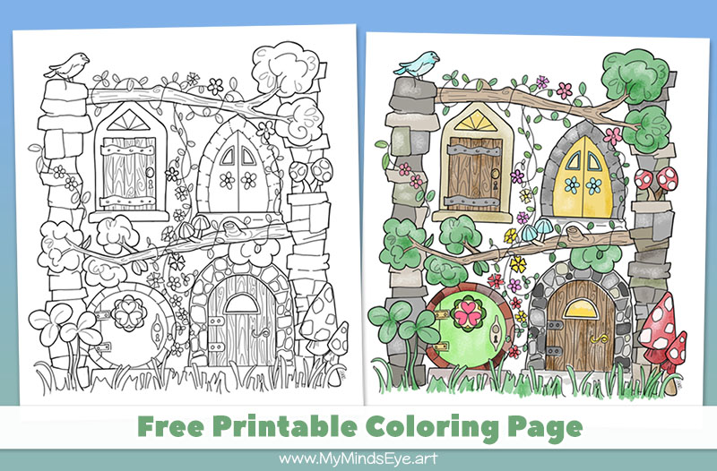 Image of a coloring page with 4 fairy doors. Free to download and print.