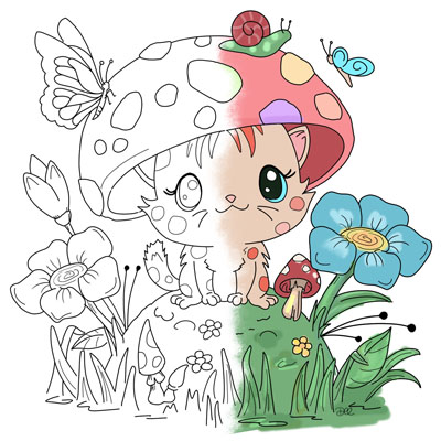 Mushroom Kitten Coloring Page (C0061)