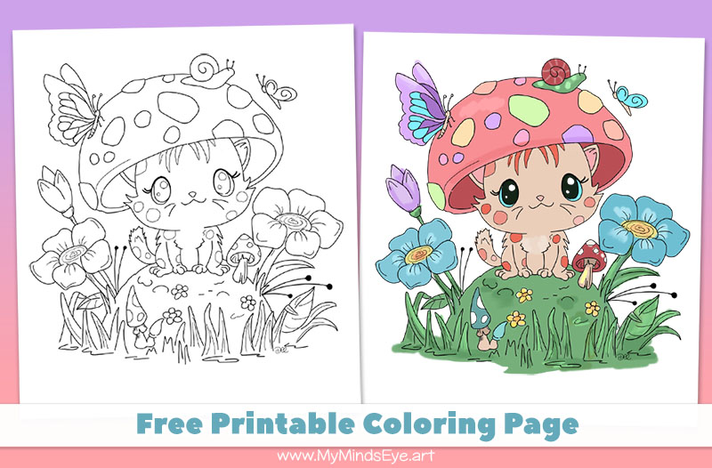 Image of the Mushroom Kitten coloring page. Two versions are shown: One in uncolored line art, and the other image is colored in. Text reads Free Printable Coloring Page www.MyMindsEye.art