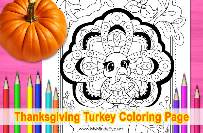 Thanksgiving Turkey coloring page. Image of coloring page on a pink background with colored pencils and a pumpkin.
