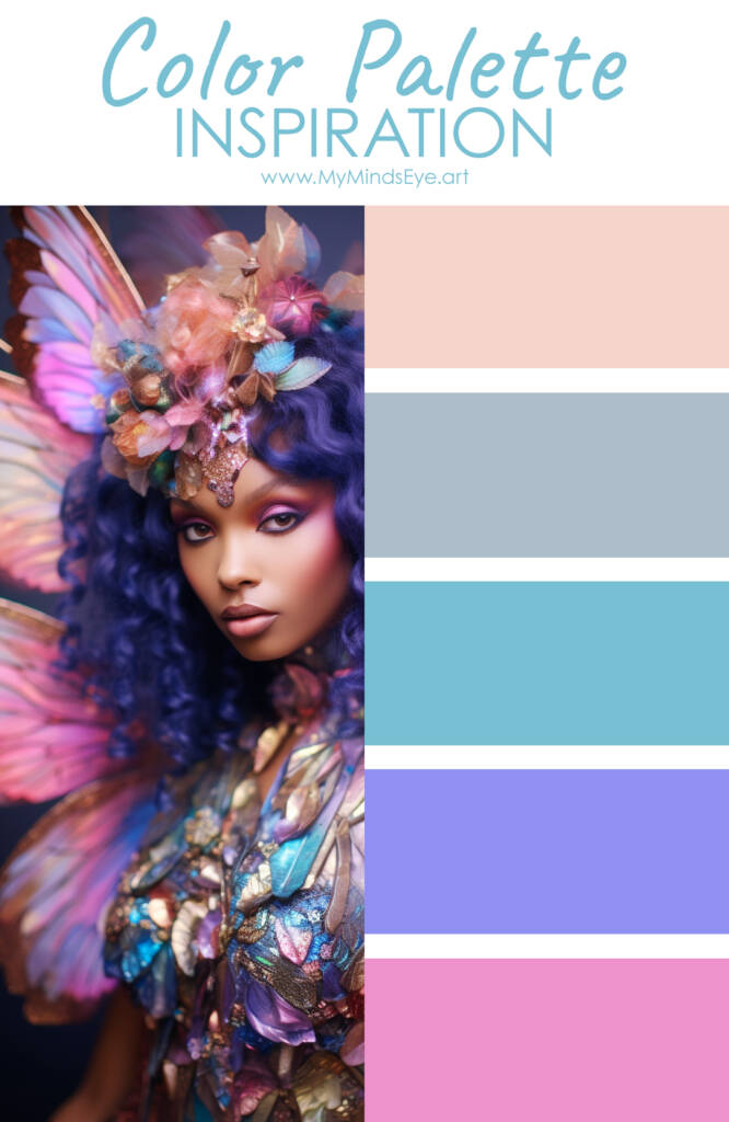 Fairy wings color palette with image of a fairy.