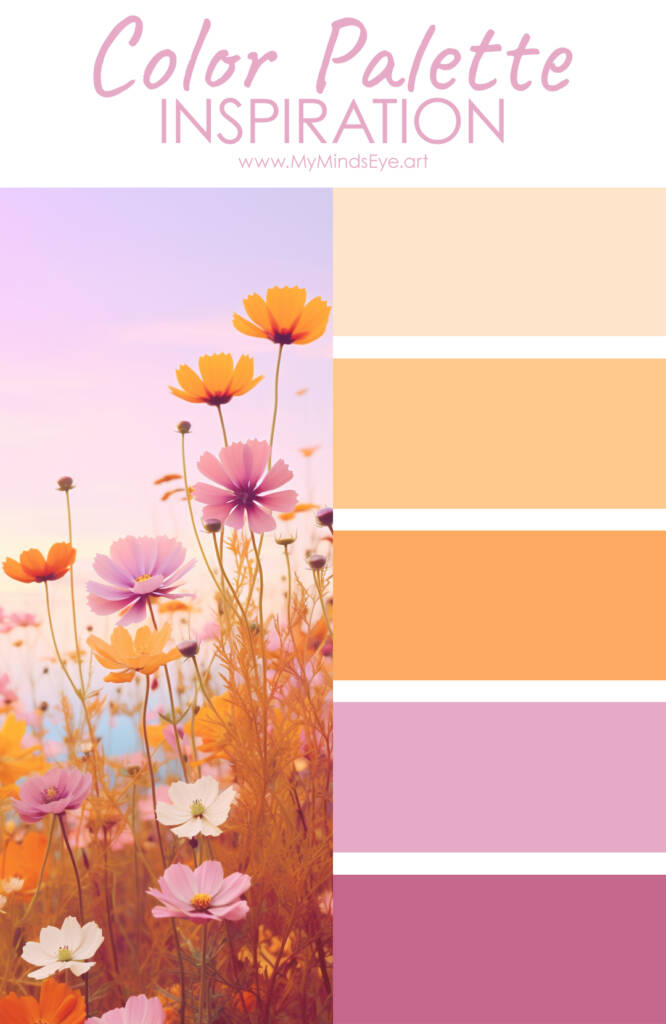 Sun-kissed meadow color palette with image of cosmos flowers in a field.