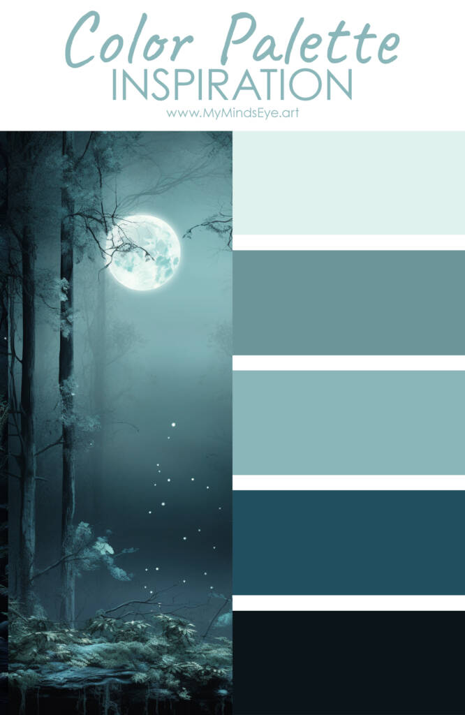 Moonlit forest color palette with an image of the moon and trees at night.