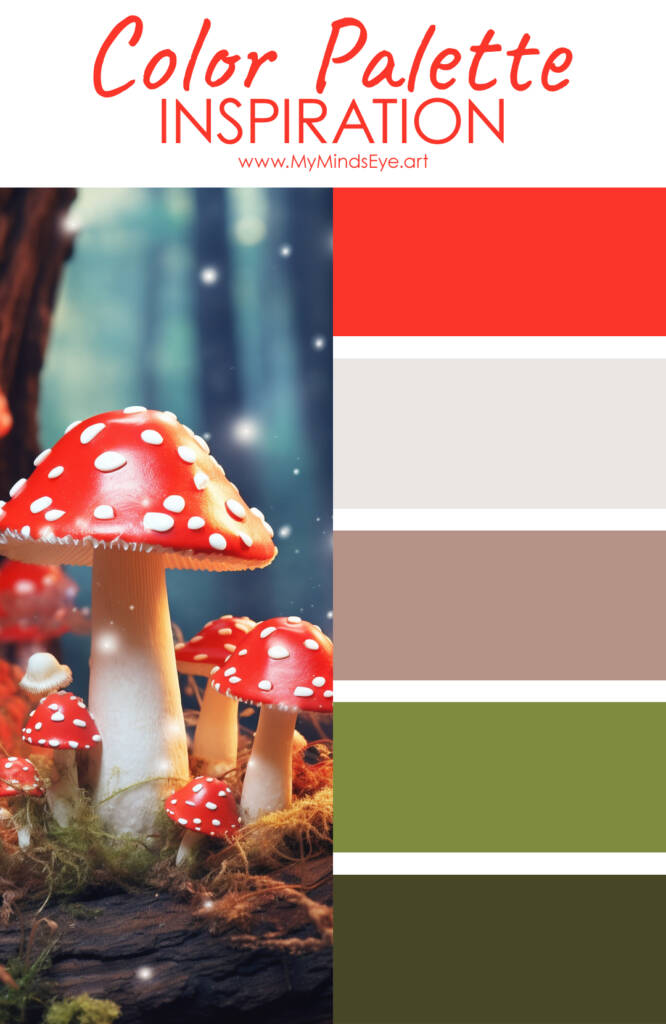 Fairy mushrooms and moss color palette with image of spotted mushrooms.