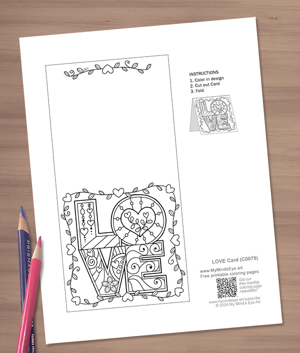 Printed coloring page with LOVE Greeting card on it.