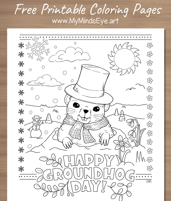Happy Groundhog Day coloring page drawing of a cute groundhog in a top hat.