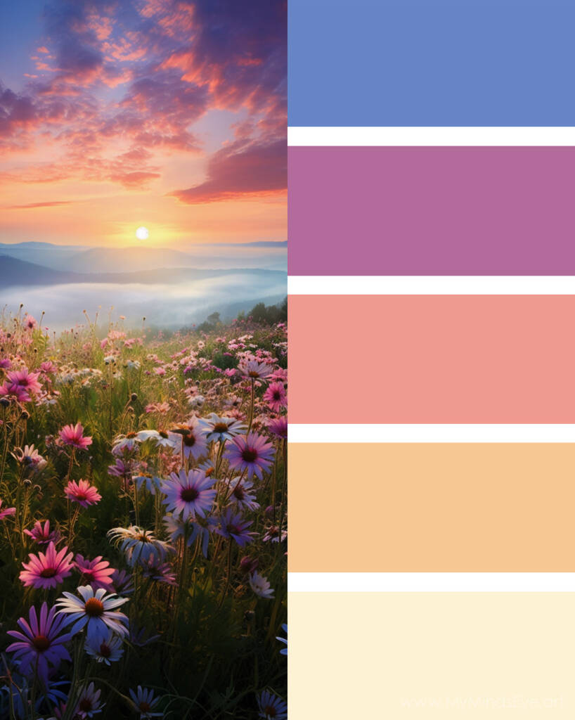 Peaceful springtime sunset color palette with an image of wildflowers and a 5 color palette.