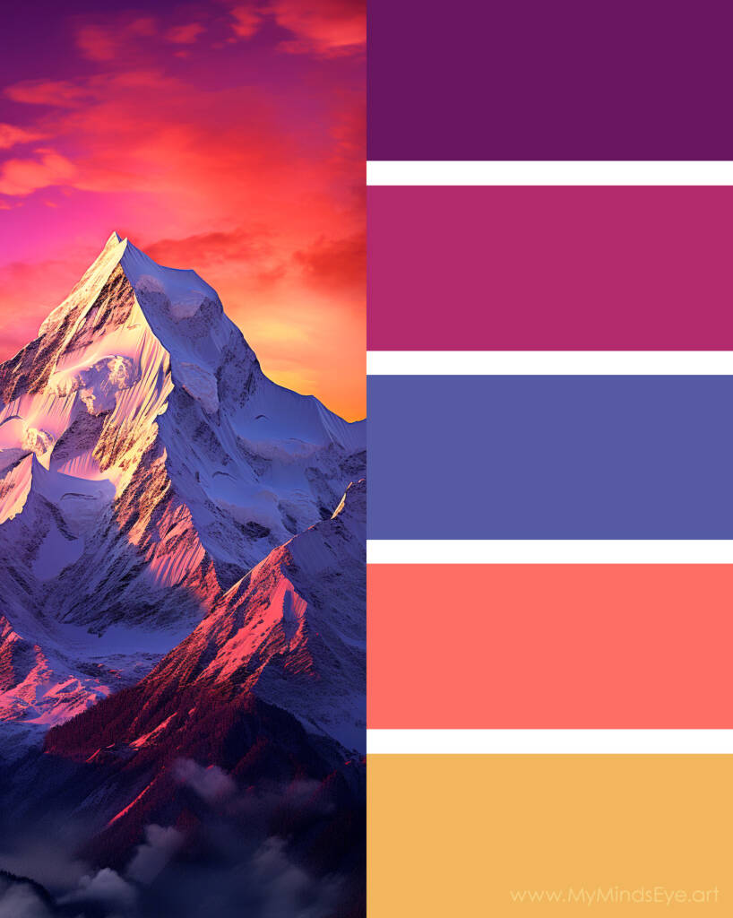 Majestic mountain with a sunset. Includes a color palette.