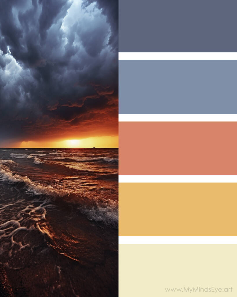Image of storm clouds over an ocean and a yellow sunset. Includes a color palette.