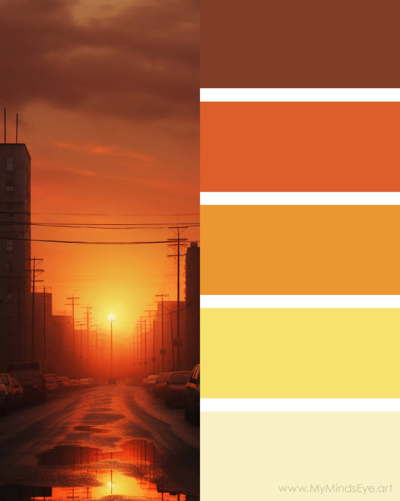 Image of a city with an eerie fiery colored sunset with smoky skies.