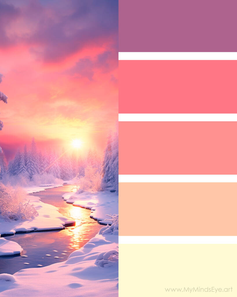 Image of a snow covered field and a sunset. Includes the sweet storybook sunset 5 color palette. 