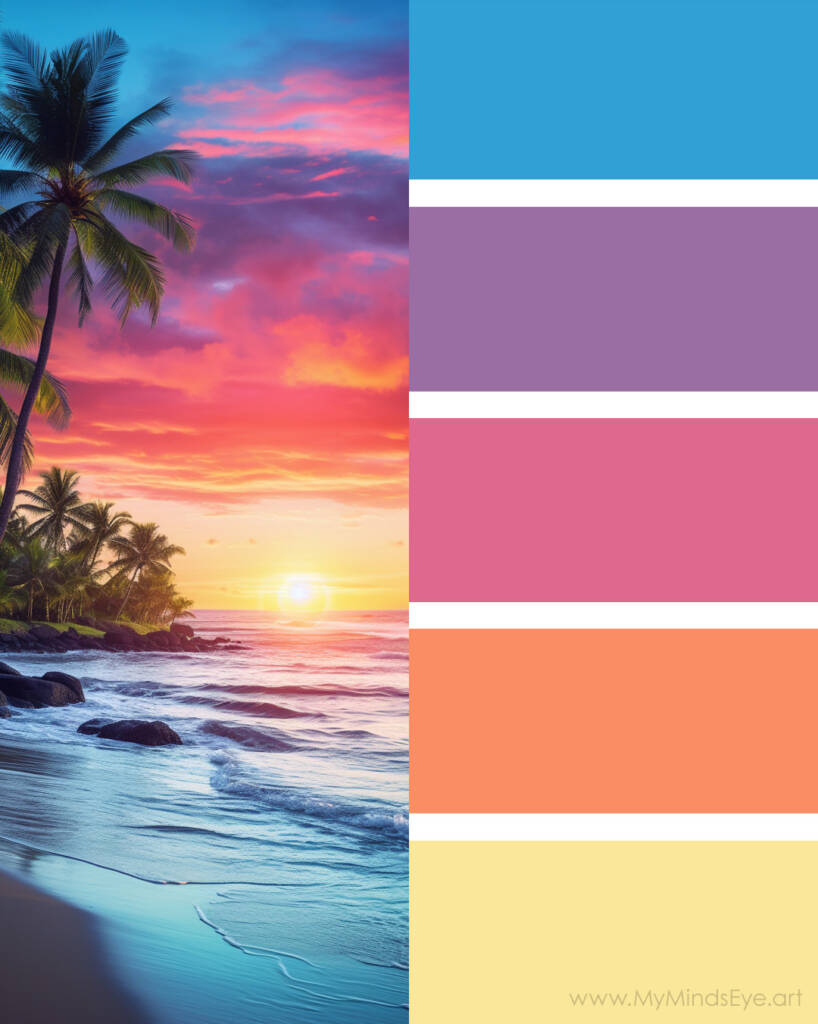 Image of a sunset behind a tropical beach. Includes a 5-color palette.