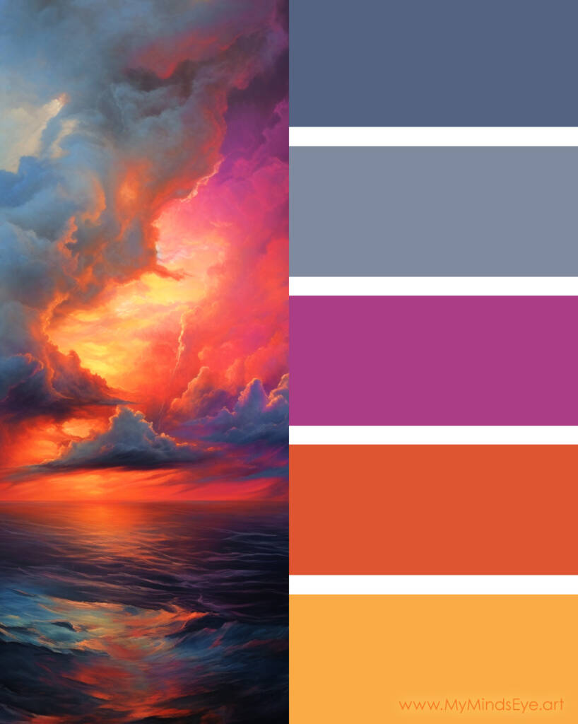 Image of a very cloudy sky over an ocean. Includes a color palette.