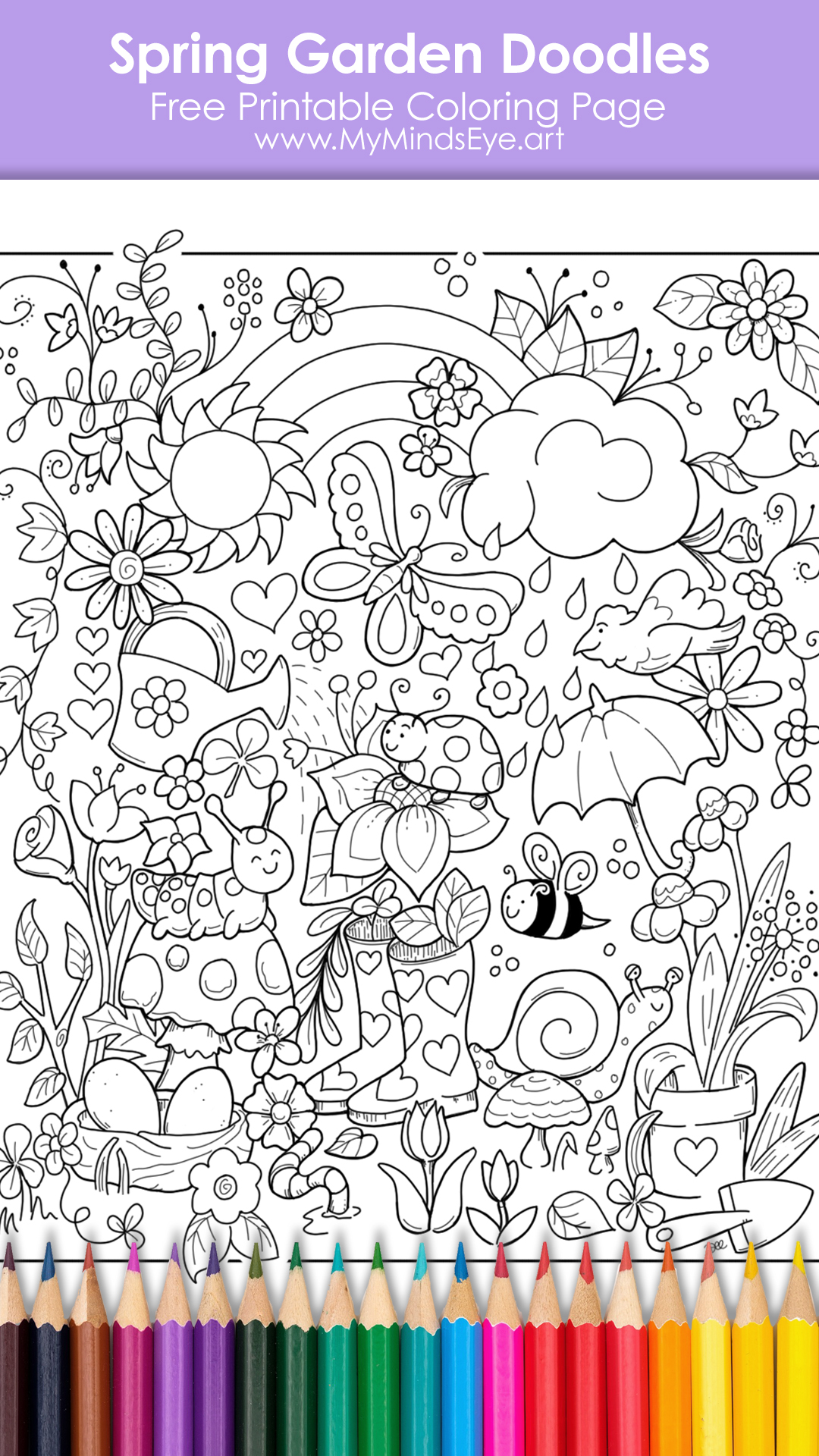 Spring garden doodles coloring page image