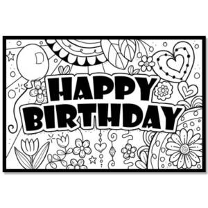 Happy Birthday with flower doodles coloring page card