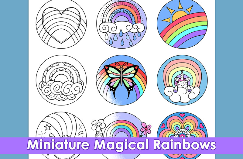 Image of a coloring page with drawings of miniature rainbows. Partially colored in.