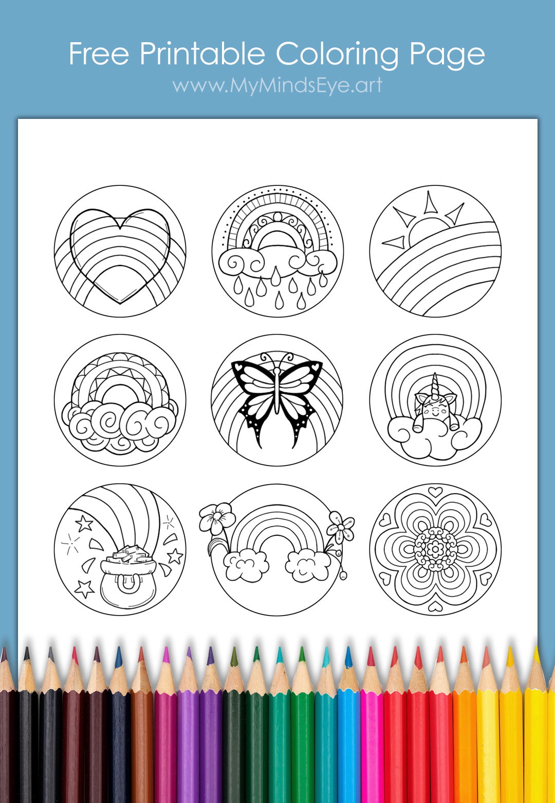Image of a  free printable coloring page with Rainbows.