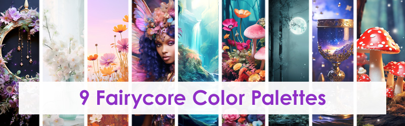 An image of 9 fantasy pictures that inspired fairycore color palettes