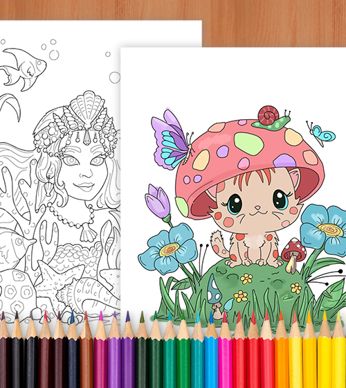 2 fantasy and magic coloring pages. One is a cat with a mushroom on its head. The other is a mermaid.