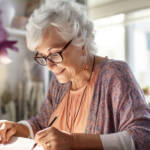 Older woman coloring a coloring page.