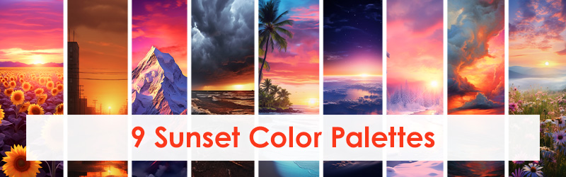 Image with 9 pictures of sunsets.