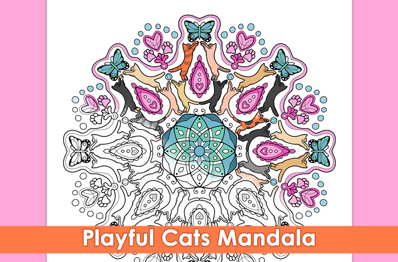 Partially colored image of a mandala coloring page with playful cats