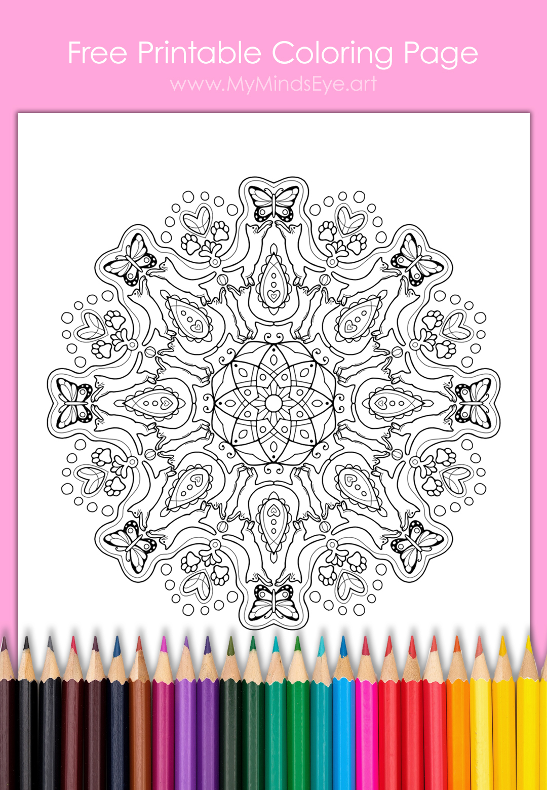 Image of a coloring page of a playful cats mandala.