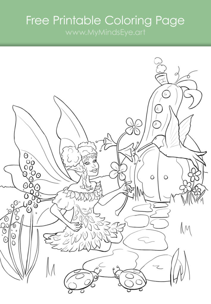 Uncolored image of a printable coloring page with a fairy and a hummingbird.